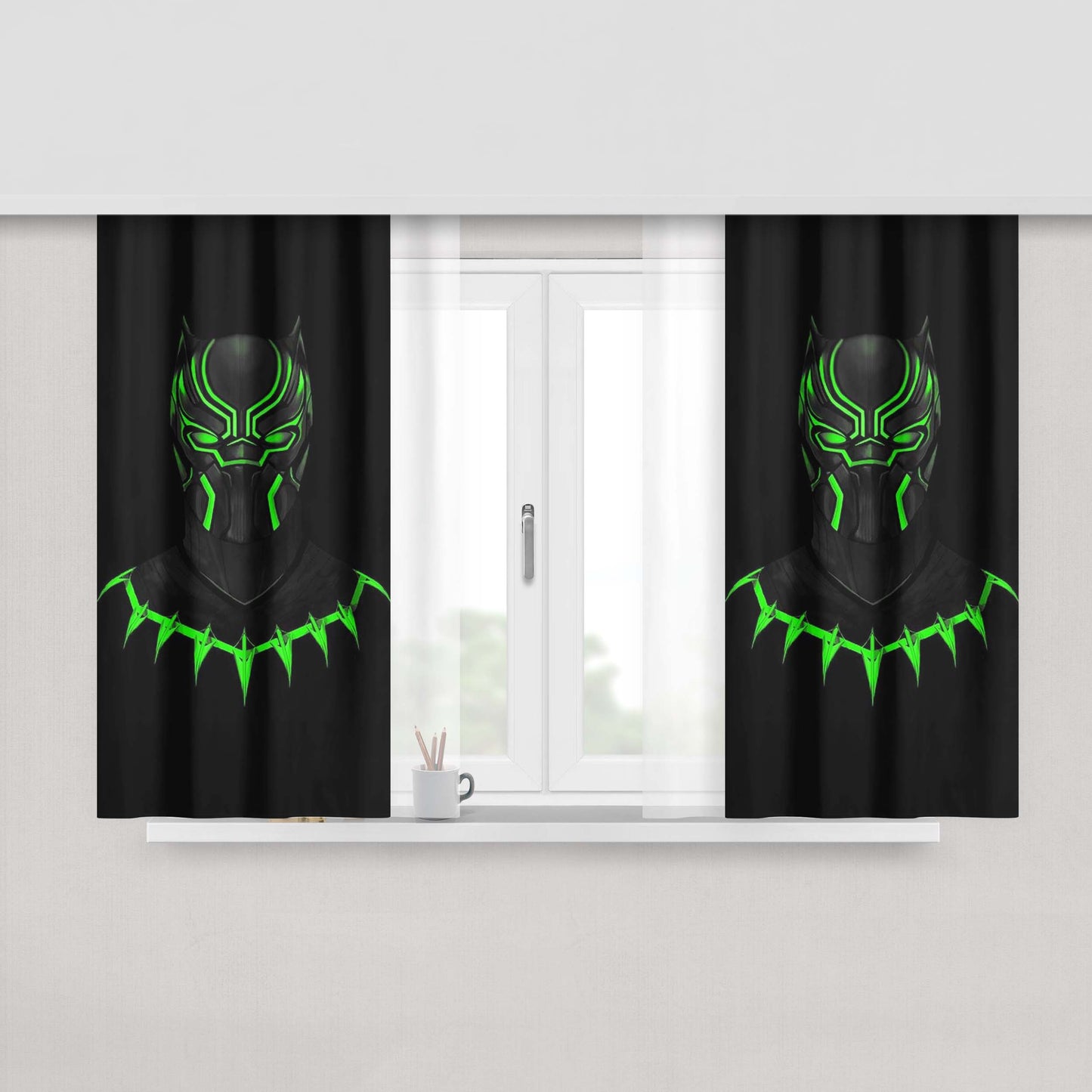 Green Light Black Panther Neon Peach Skin Window Curtains