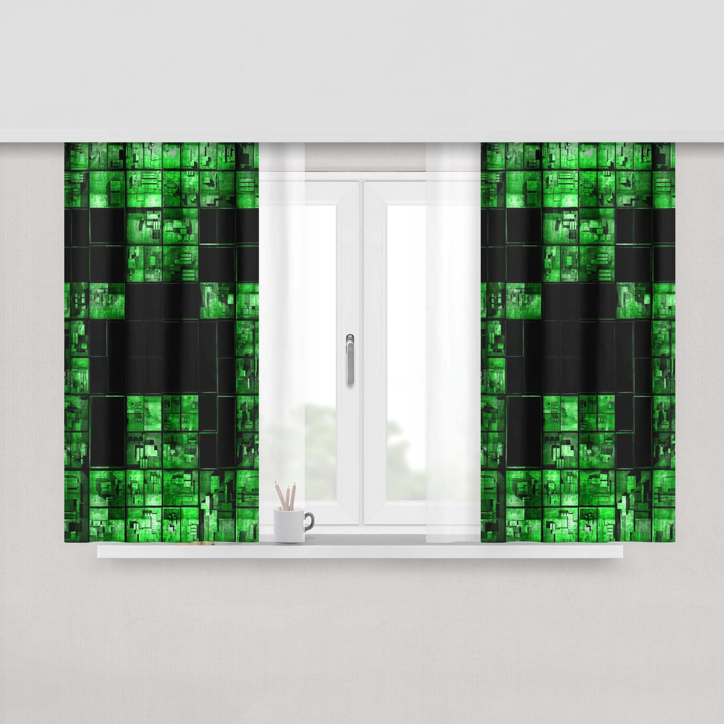 Green Minecraft Face Peach Skin Window Curtains