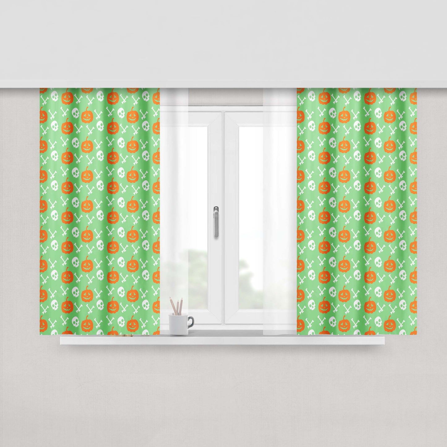 Green Pattern Pumpkins Bone And Head Skeleton Halloween Prints Peach Skin Window Curtains