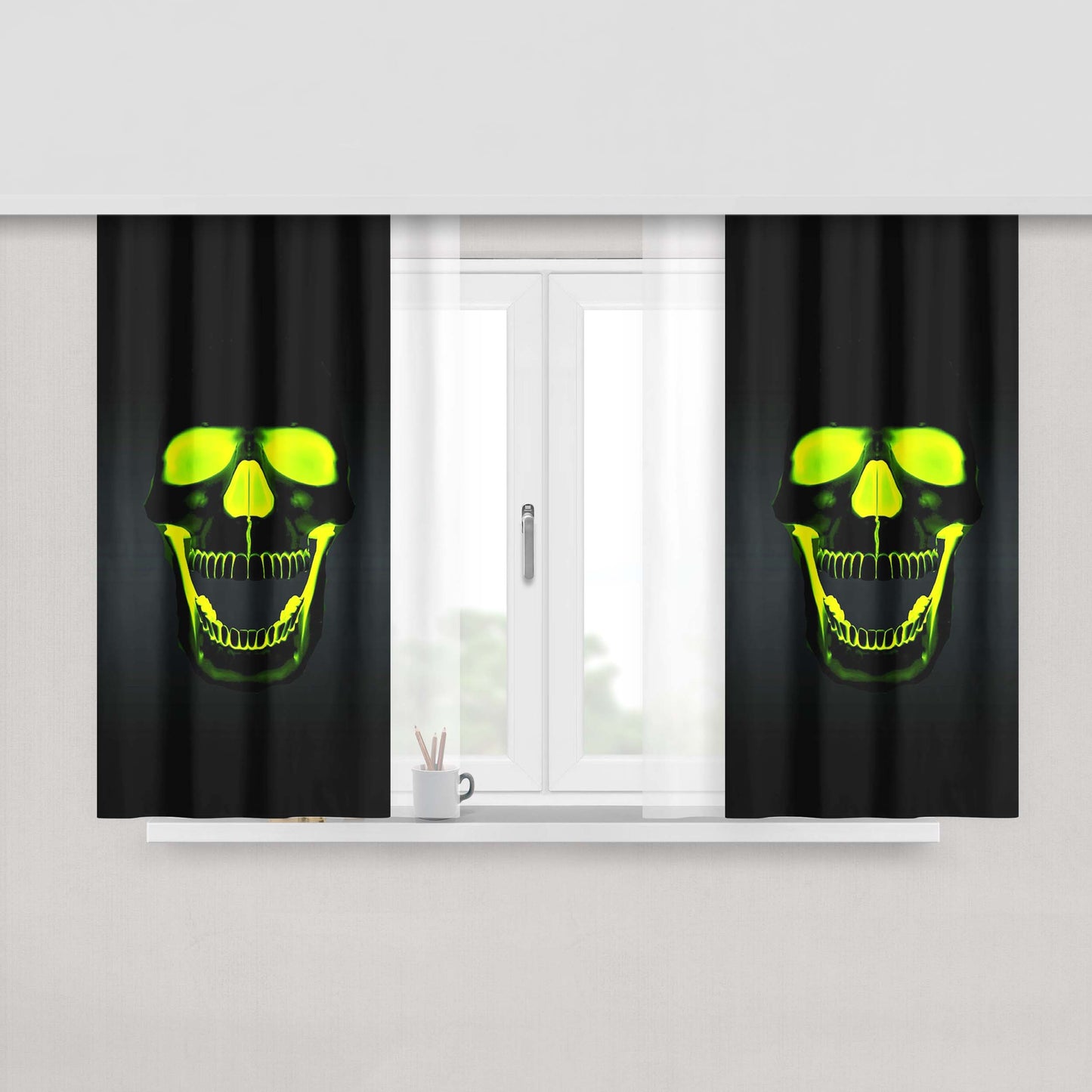 Green Skull Neon Peach Skin Window Curtains