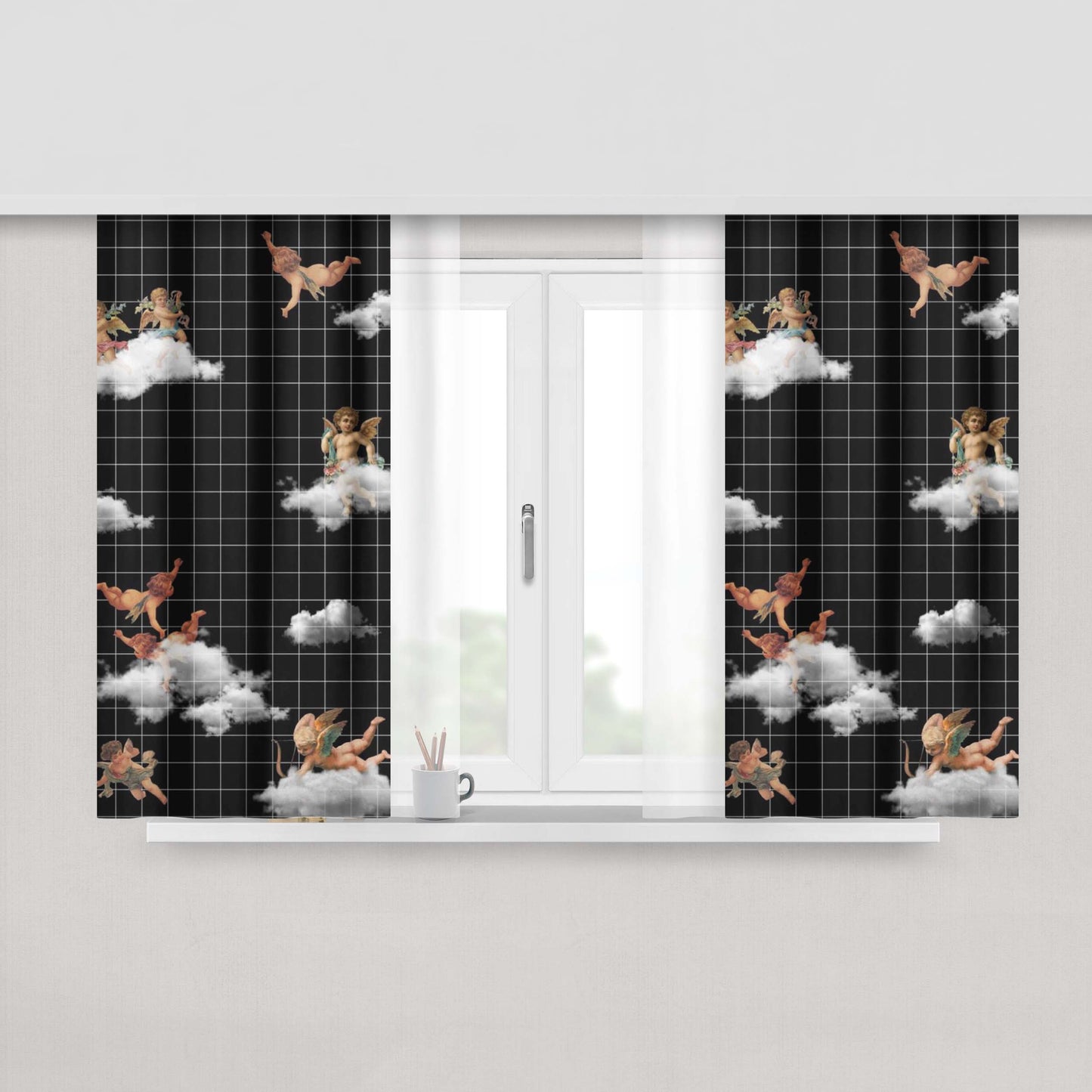 Grid Of Angel Peach Skin Window Curtains