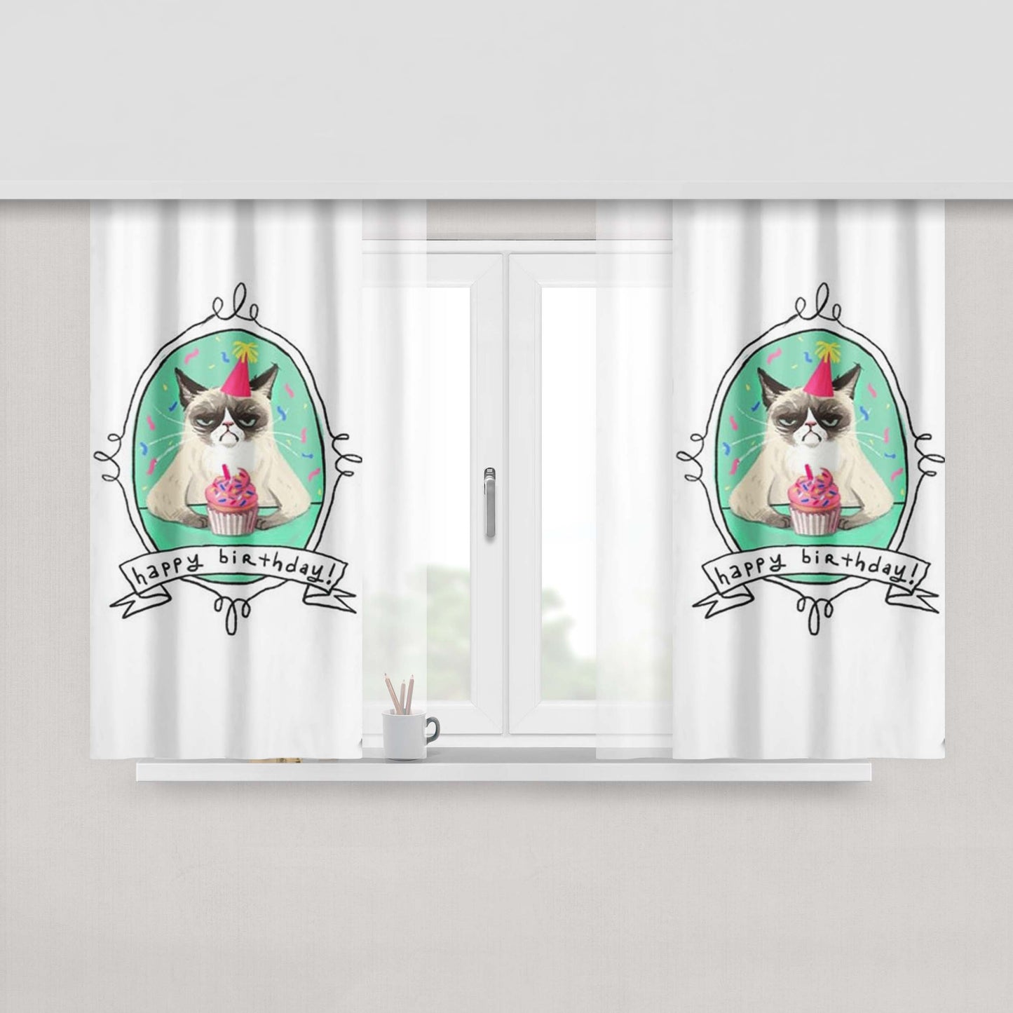 Grumpy Cat Happy Birthday Peach Skin Window Curtains