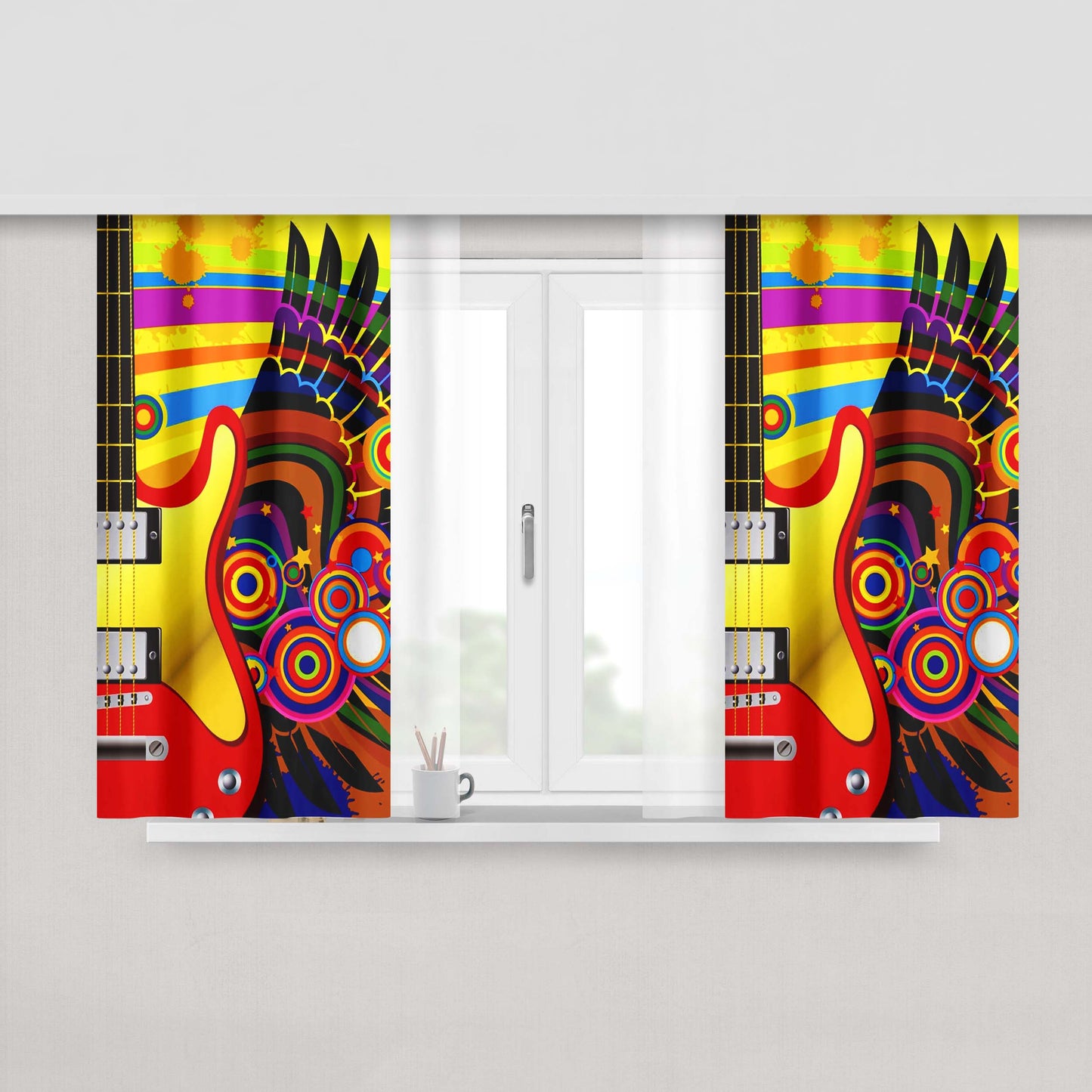 Guitar And Retro Vector Peach Skin Window Curtains