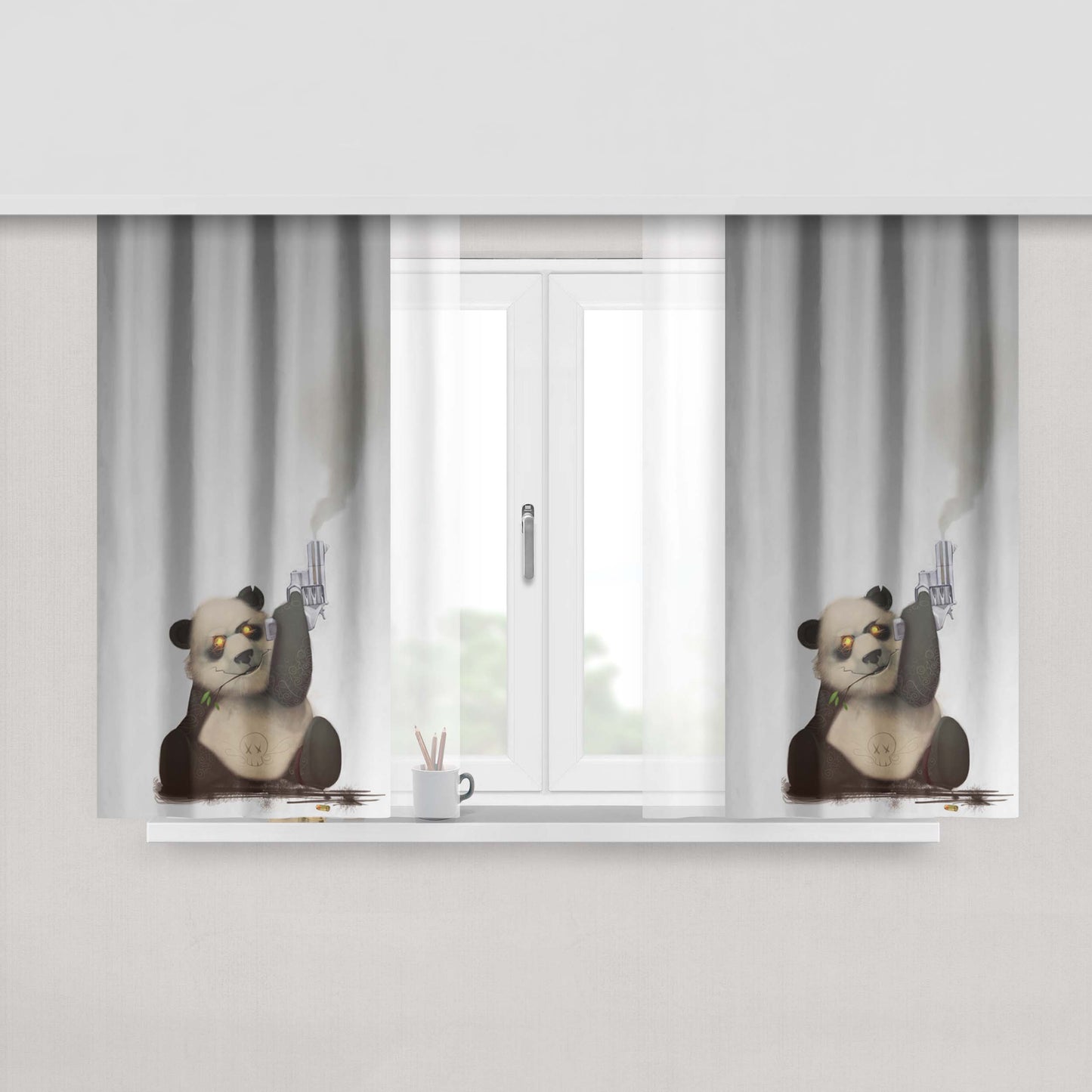 Gun Panda Bear Funny Fabric Window Curtains