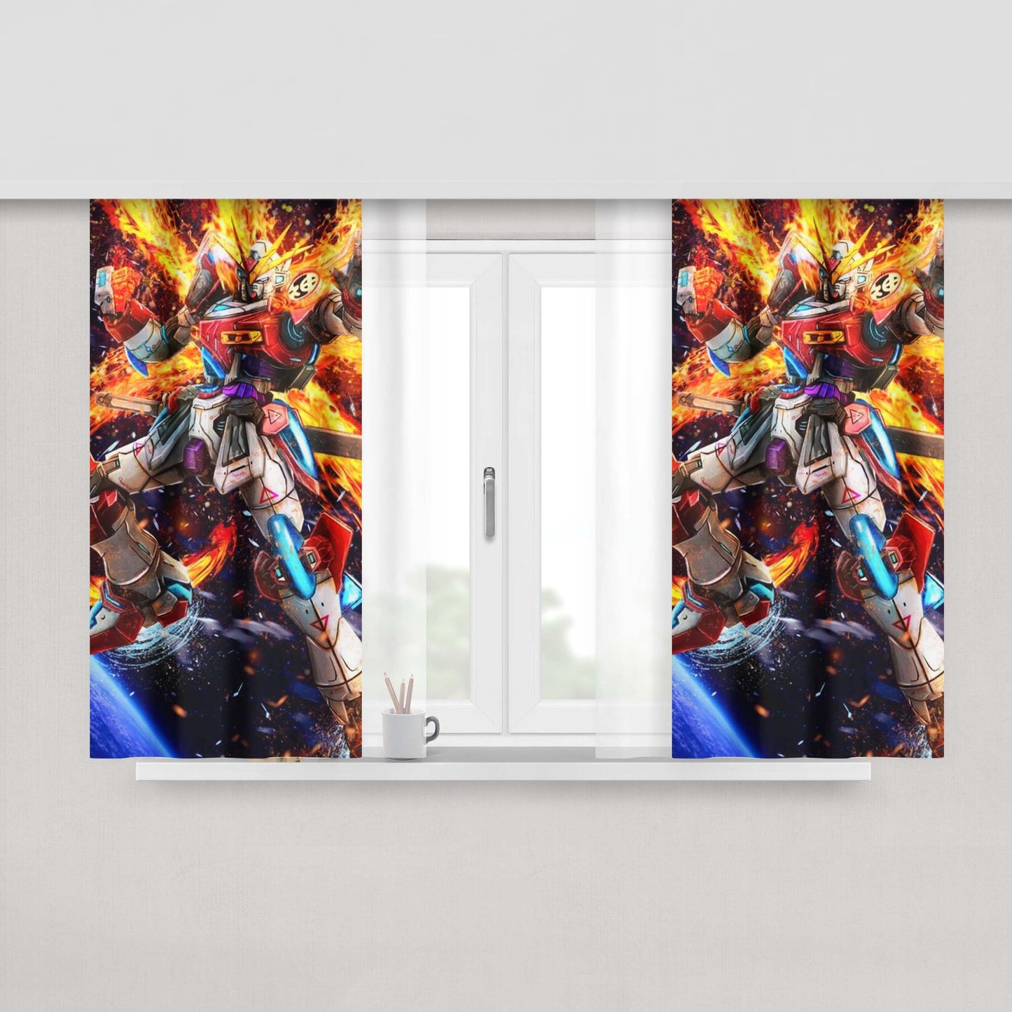 Gundam On Fire Fabric Window Curtains