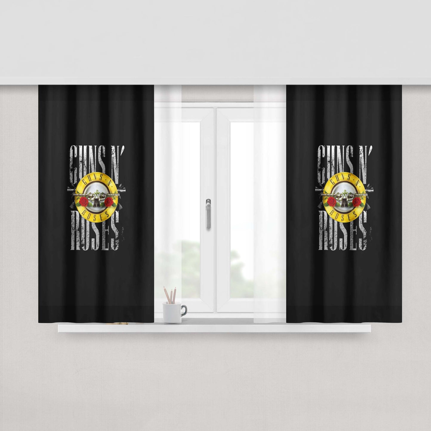 Guns N Roses Logo Dark Wood Wallpaper Fabric Window Curtains