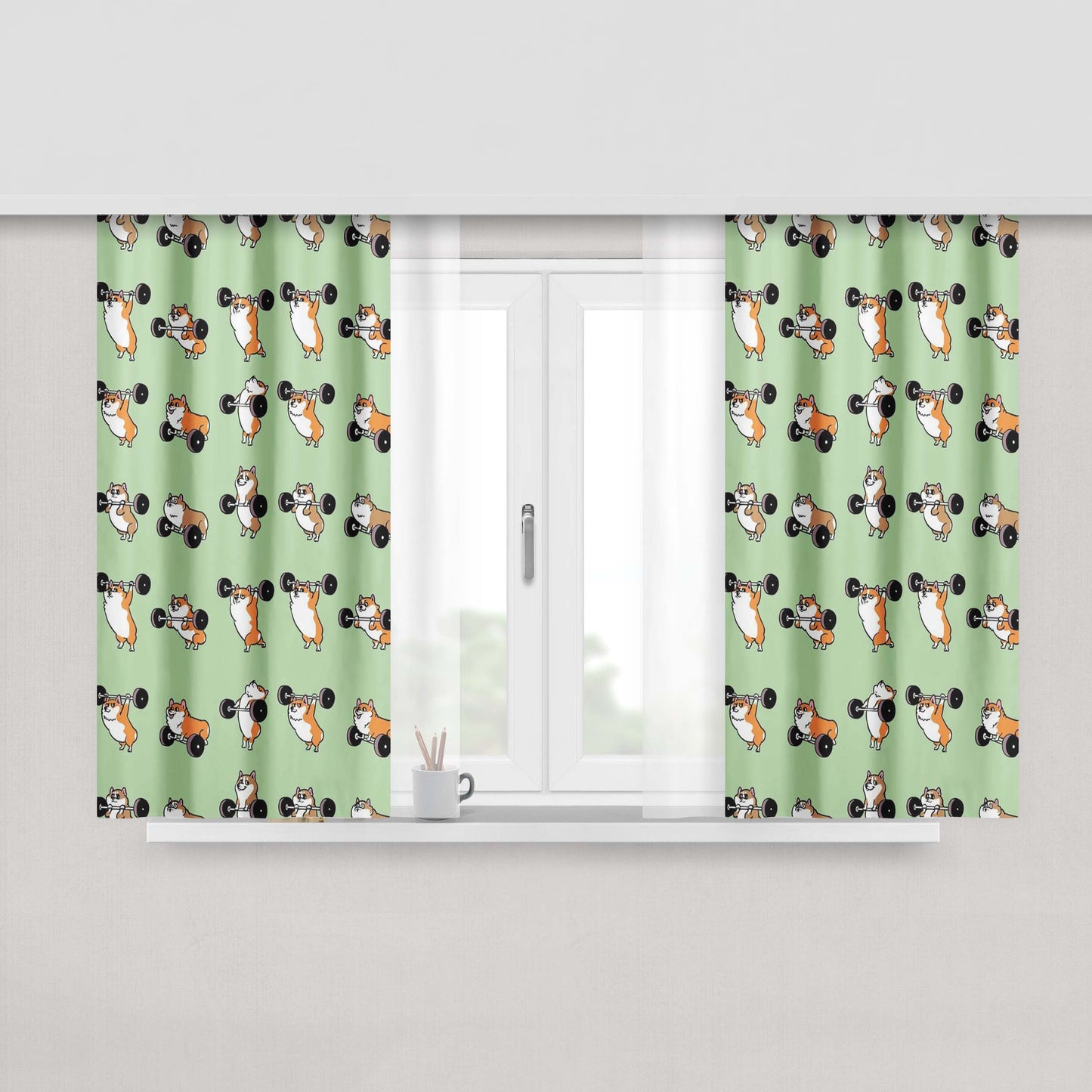 Gym Olympic Lifting Corgi Fabric Window Curtains