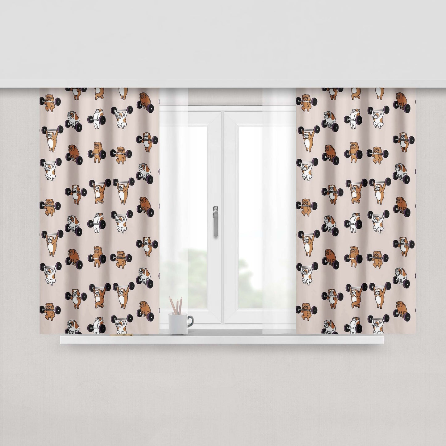 Gym Olympic Lifting English Bulldog Fabric Window Curtains