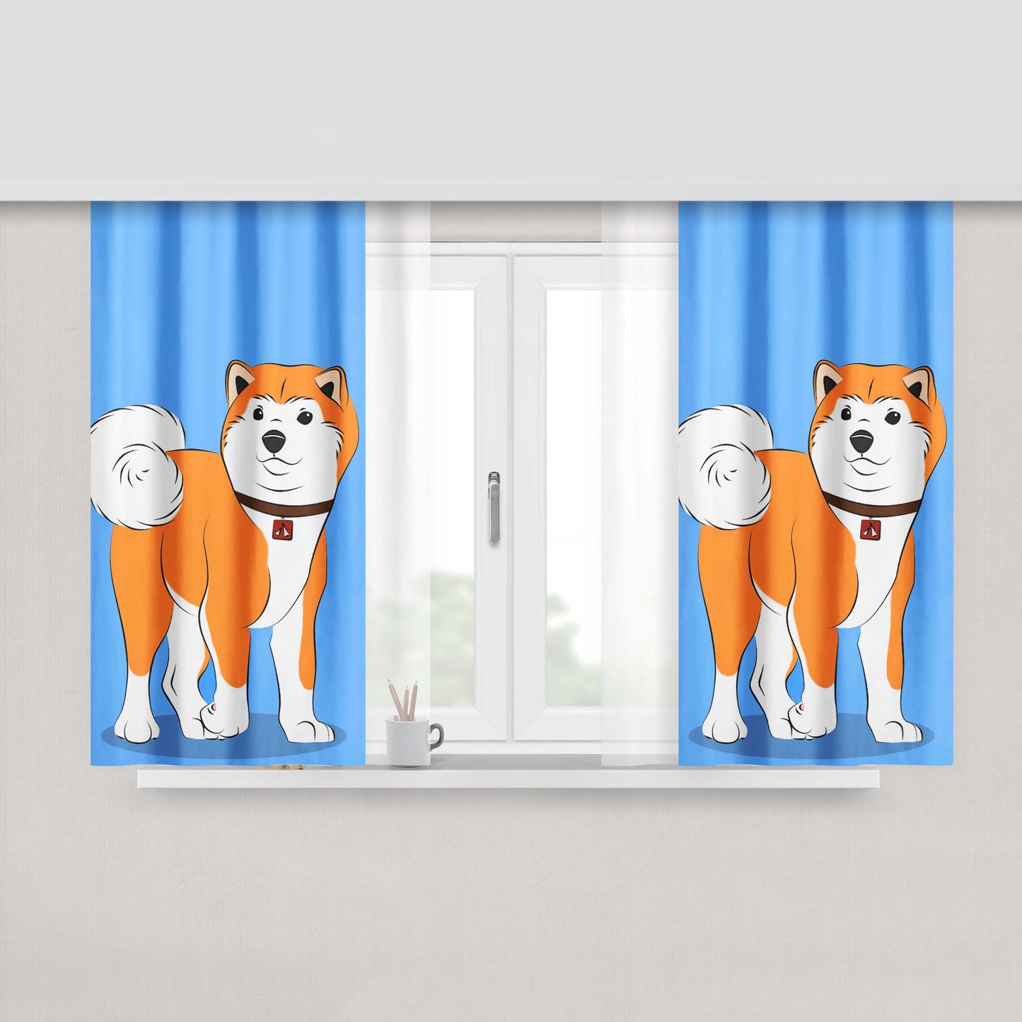 Hachiko Blue Bg Fabric Window Curtains