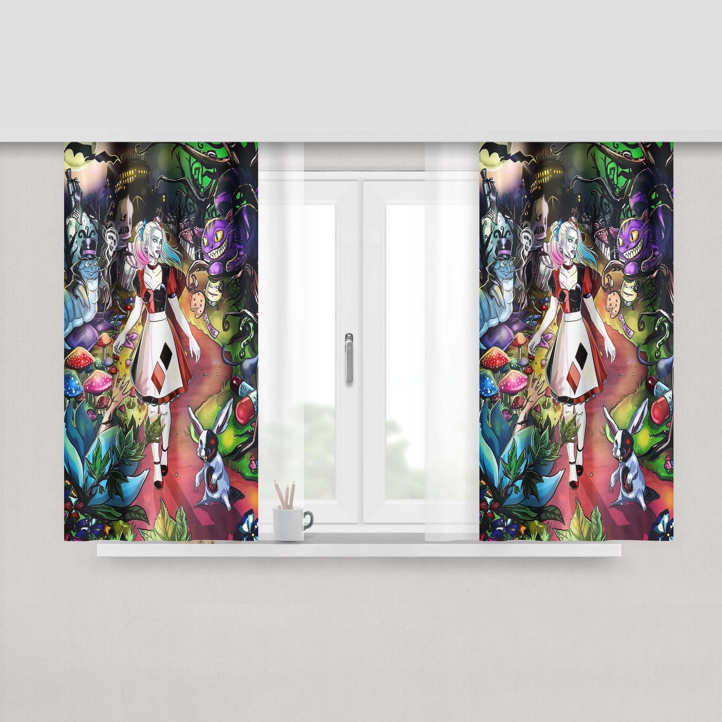 Harley Quinn Alice In Wonderland Digital Art Fabric Window Curtains