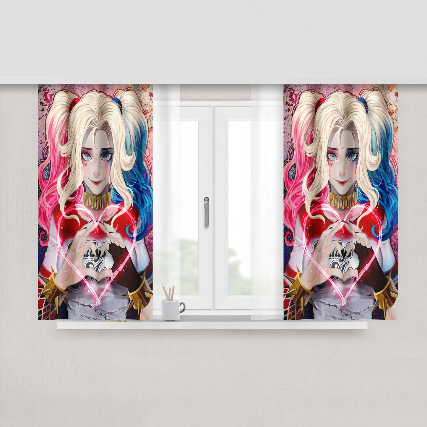Harley Quinn Love Art Anime Fabric Window Curtains
