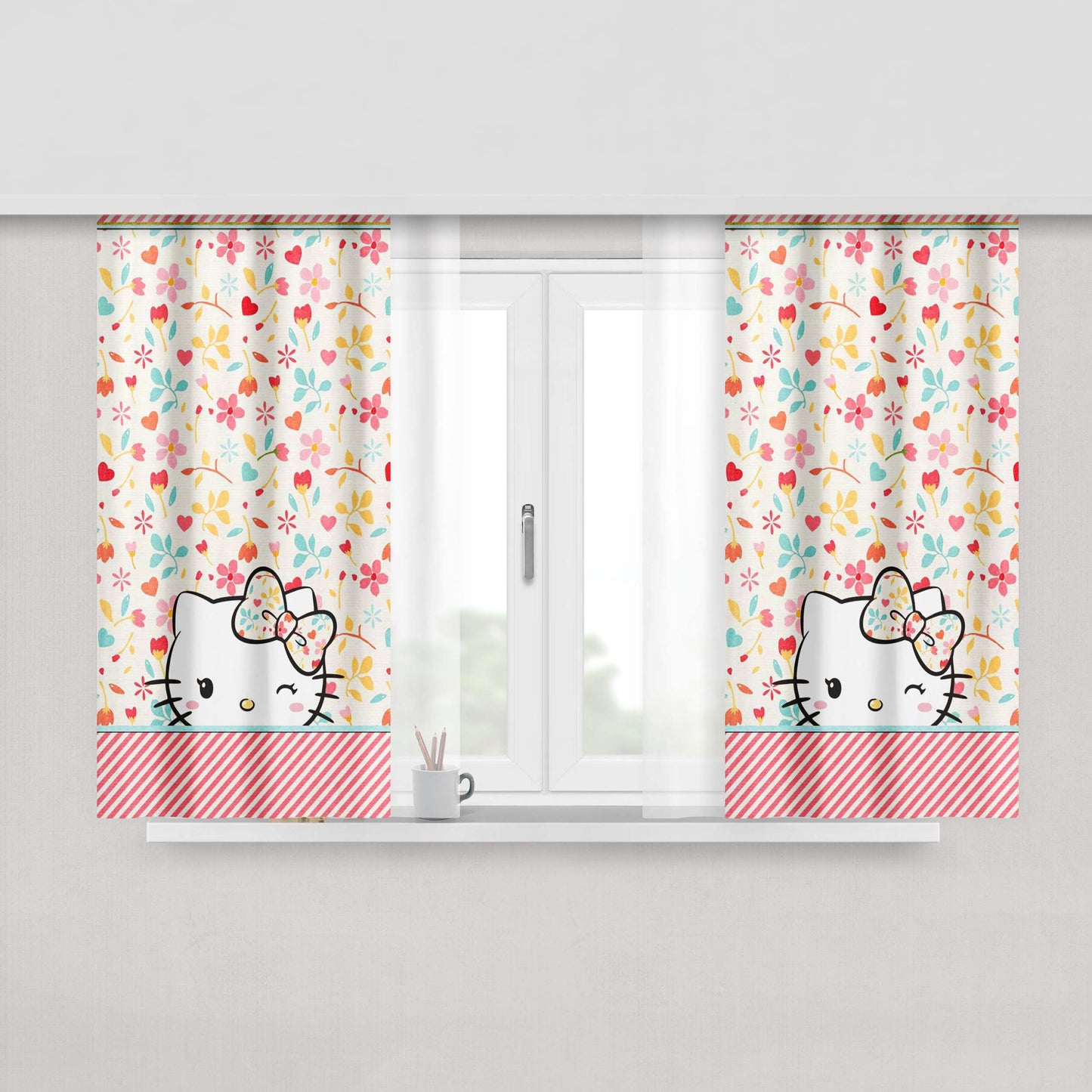 Hello Kitty Flowers Pink Fabric Fabric Window Curtains