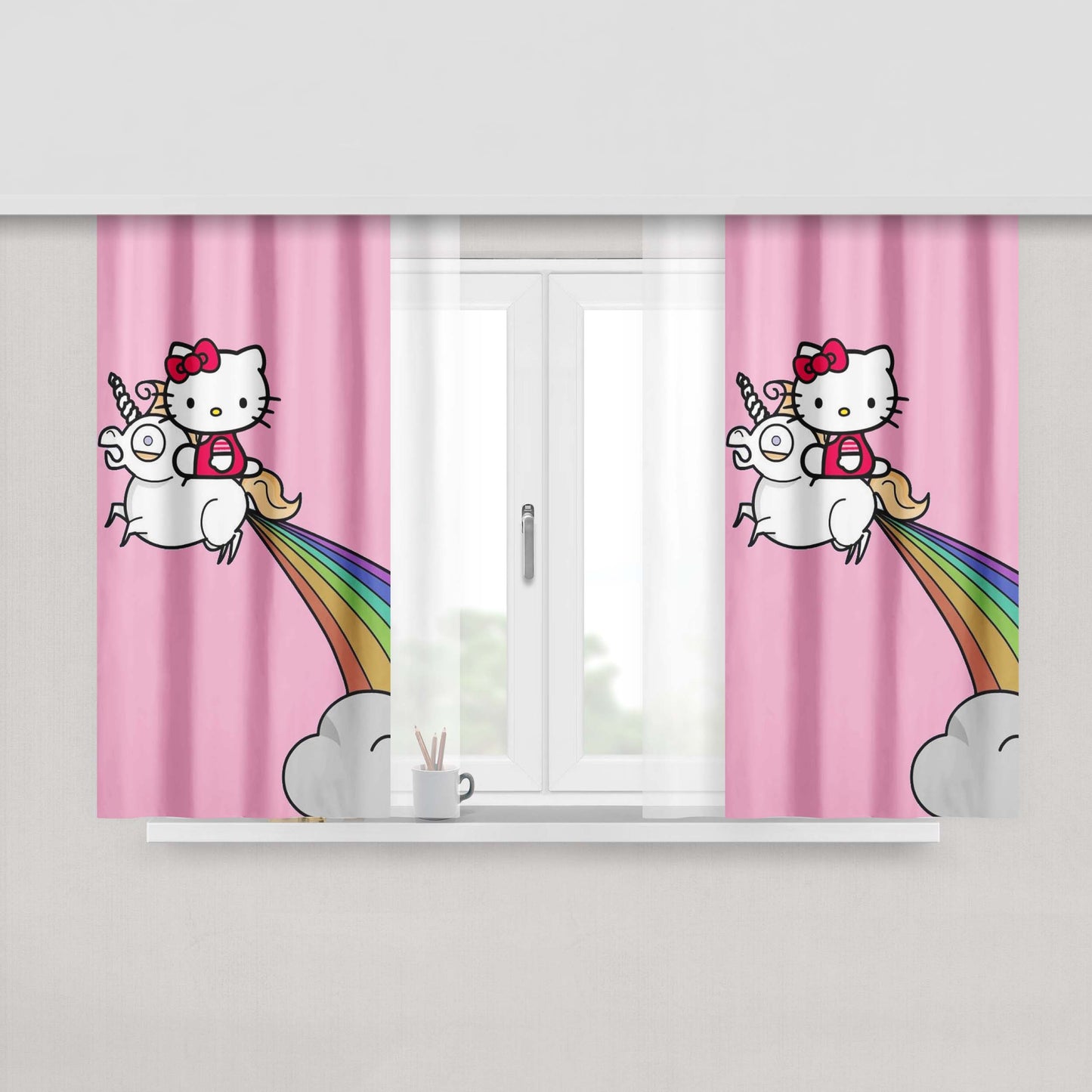 Hello Kitty Fying With Unicorn Fabric Fabric Window Curtains