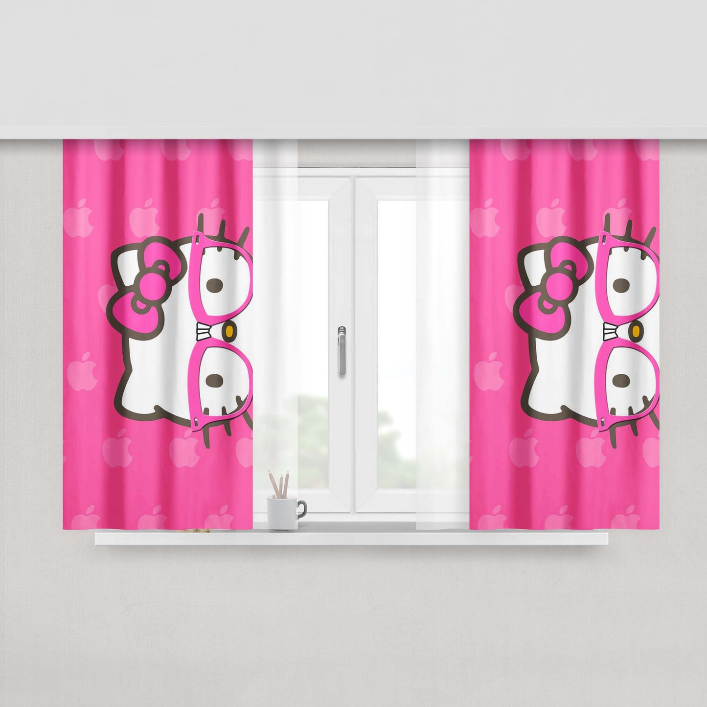 Hello Kitty Glasses Pink Fabric Fabric Window Curtains