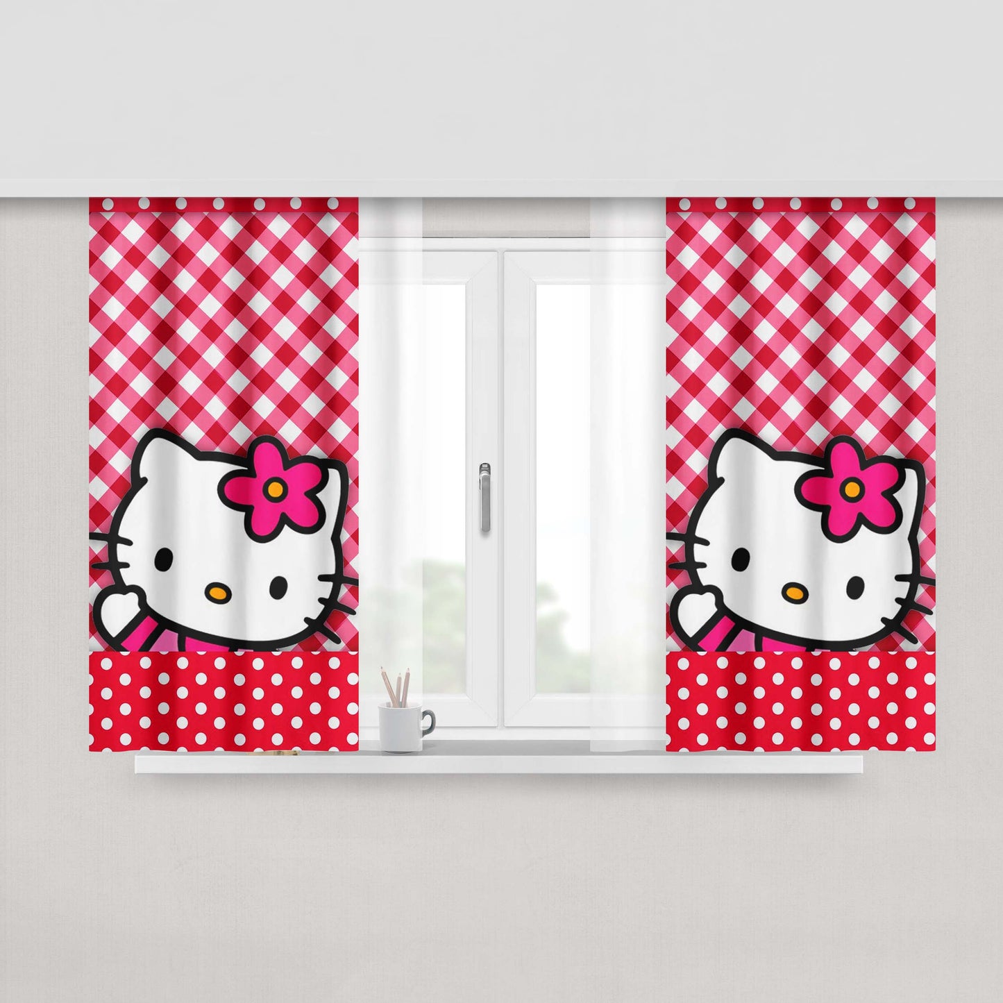 Hello Kitty Polkadot Red Fabric Fabric Window Curtains