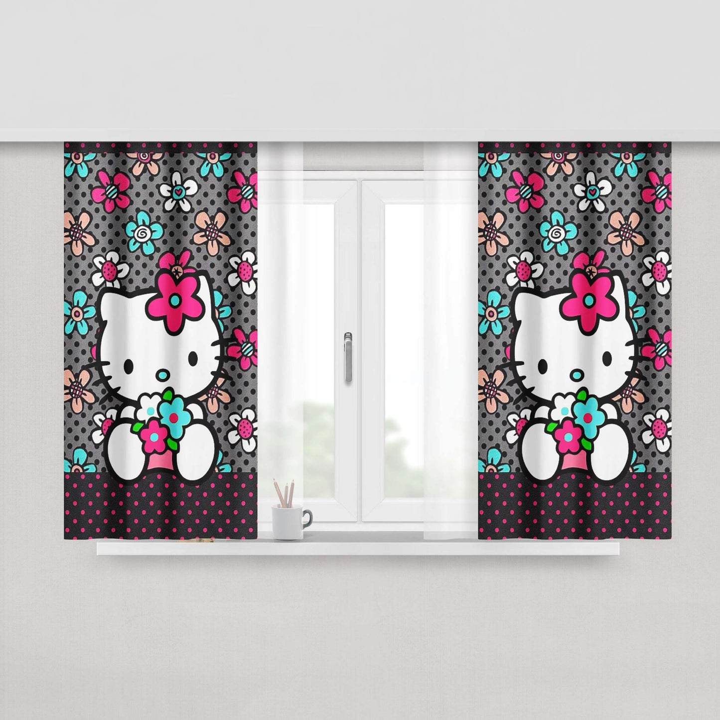 Hello Kitty With Dots And Flower Background Fabric Fabric Window Curtains