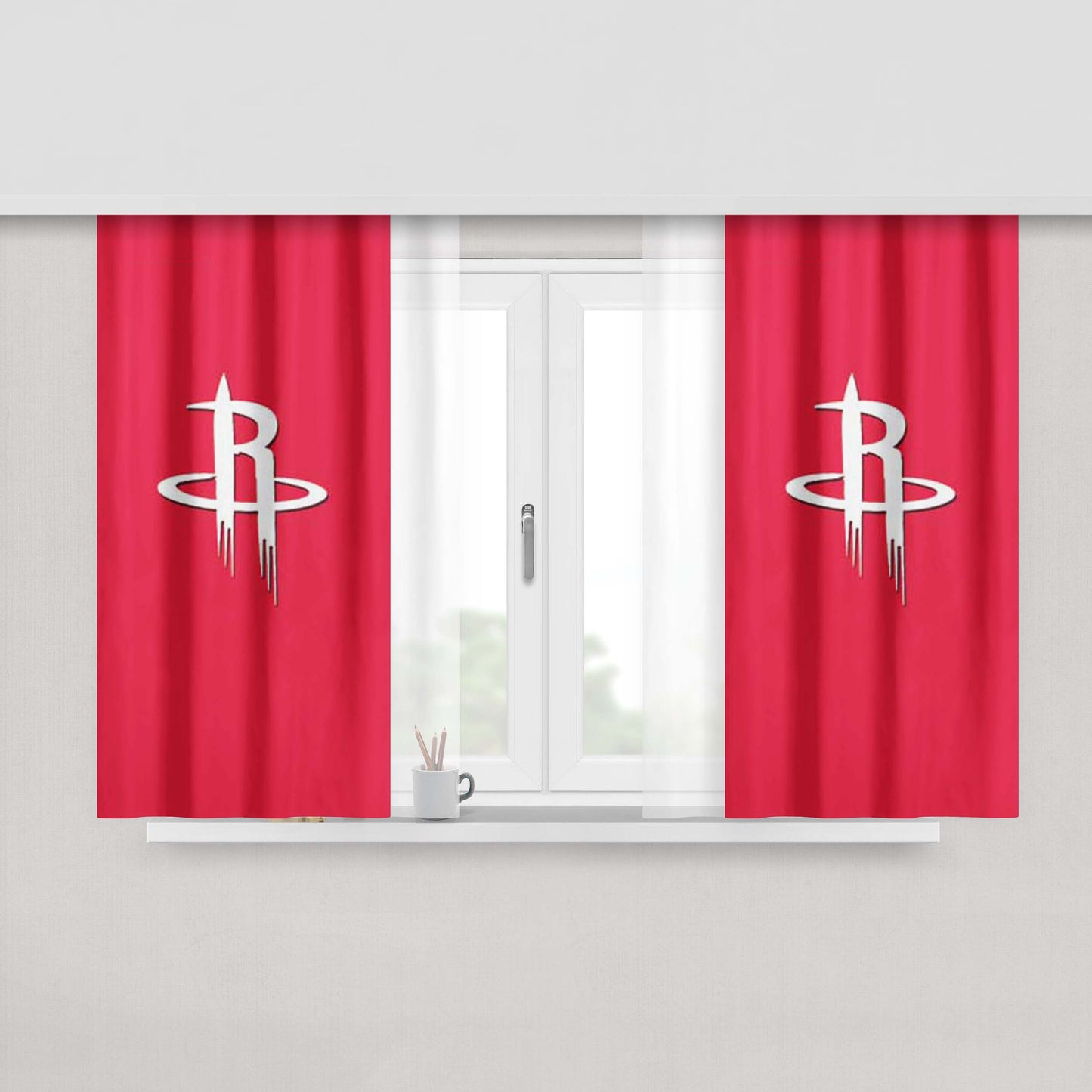 Houston Rockets Logo Over Red Peach Skin Window Curtains
