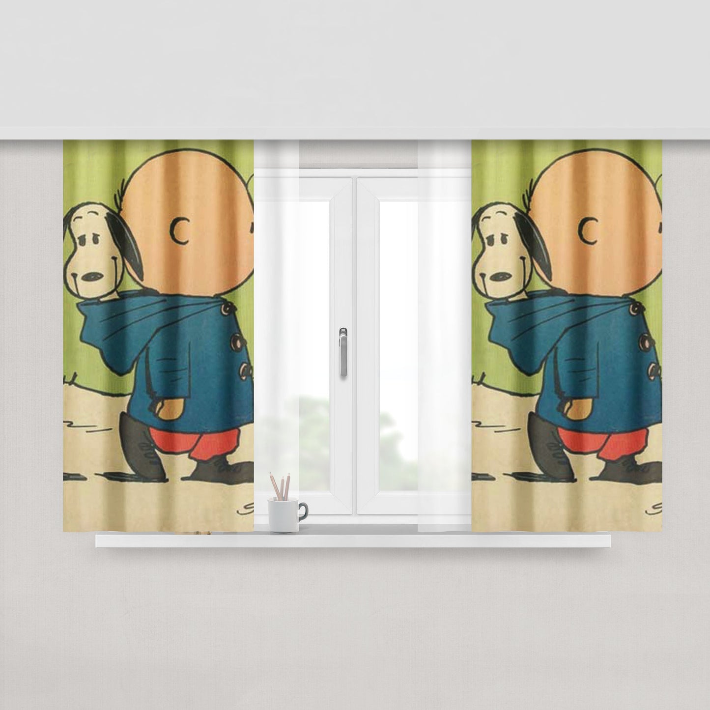 Charlie Brown Snoopy In Hood Peach Skin Window Curtains