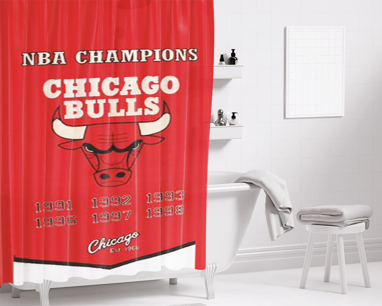 Chicago Bulls Basketball Team Bathroom Shower Curtain Fabric Waterproof | 66 X 72 Inch