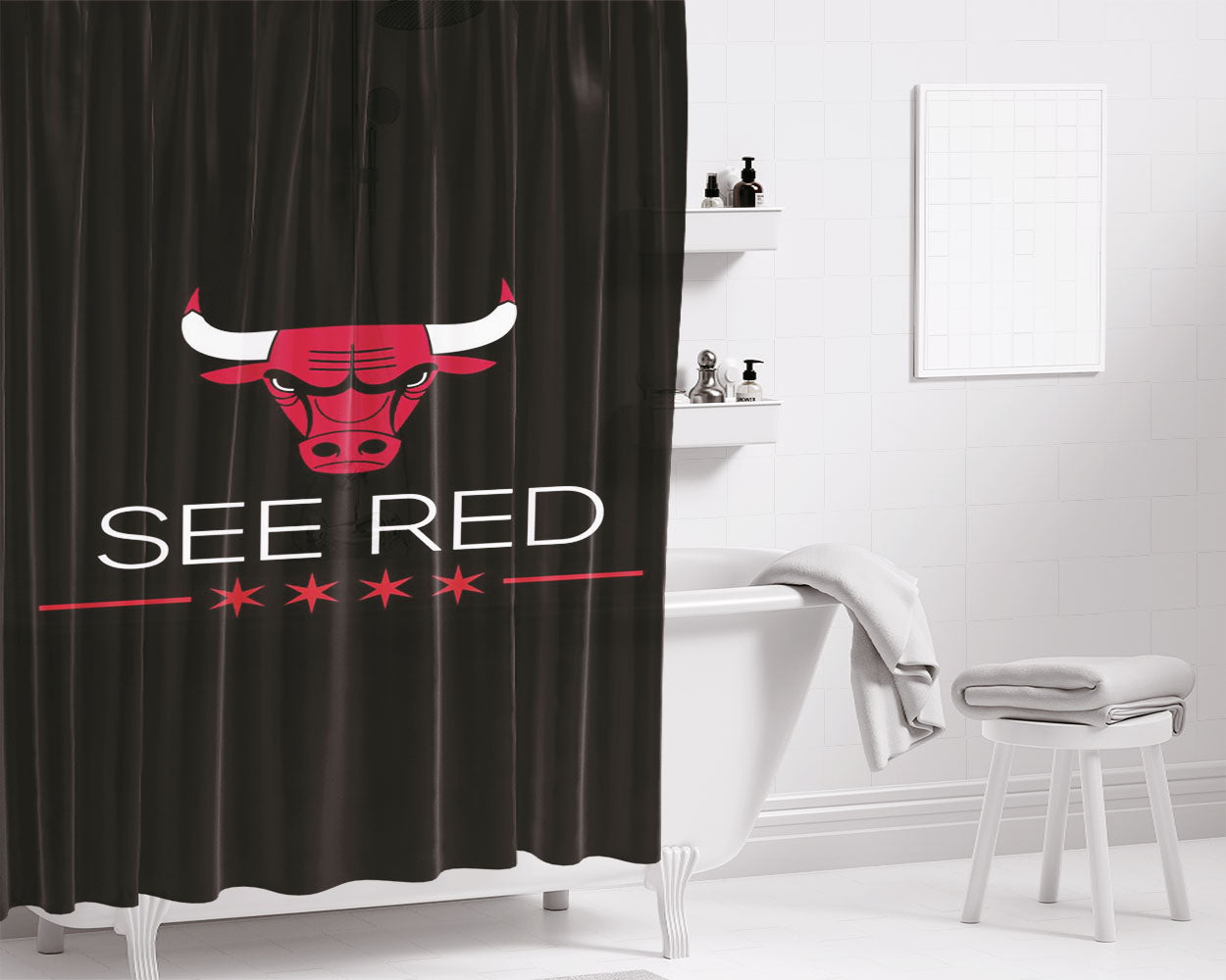 Chicago Bulls Logo Red Bathroom Shower Curtain Fabric Waterproof | 66 X 72 Inch