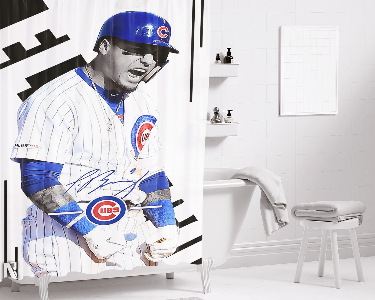 Chicago Cubs In Wood Background Bathroom Shower Curtain Fabric Waterproof | 66 X 72 Inch