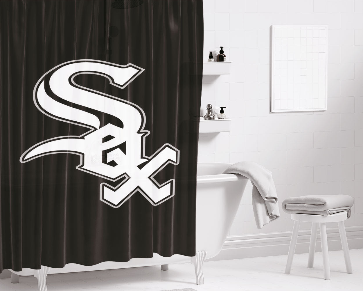 Chicago White Sox Leather Texture Bathroom Shower Curtain Fabric Waterproof | 66 X 72 Inch