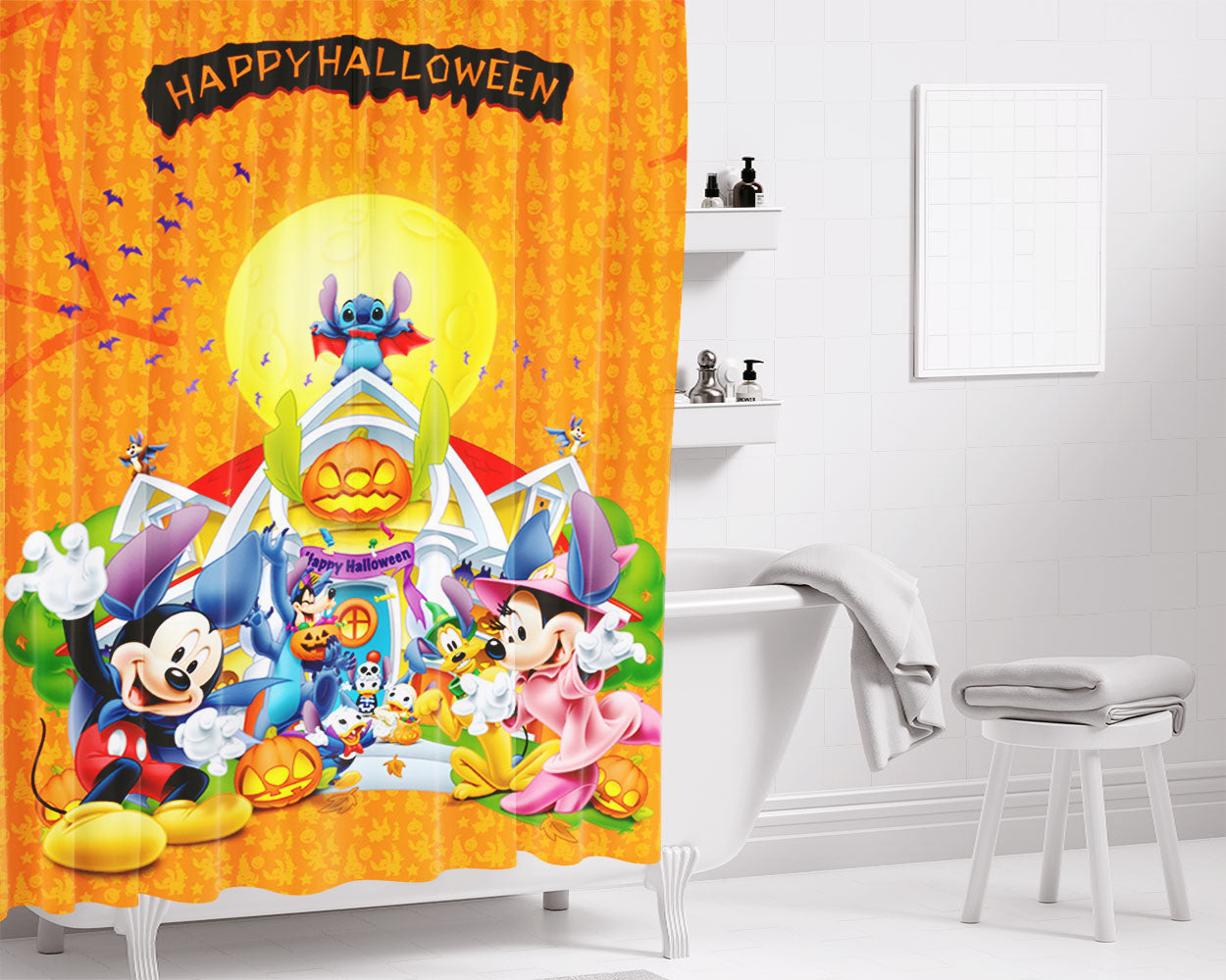 Disney Feeling Spooky Mickey And Minnie Bathroom Shower Curtain Fabric Waterproof | 66 X 72 Inch