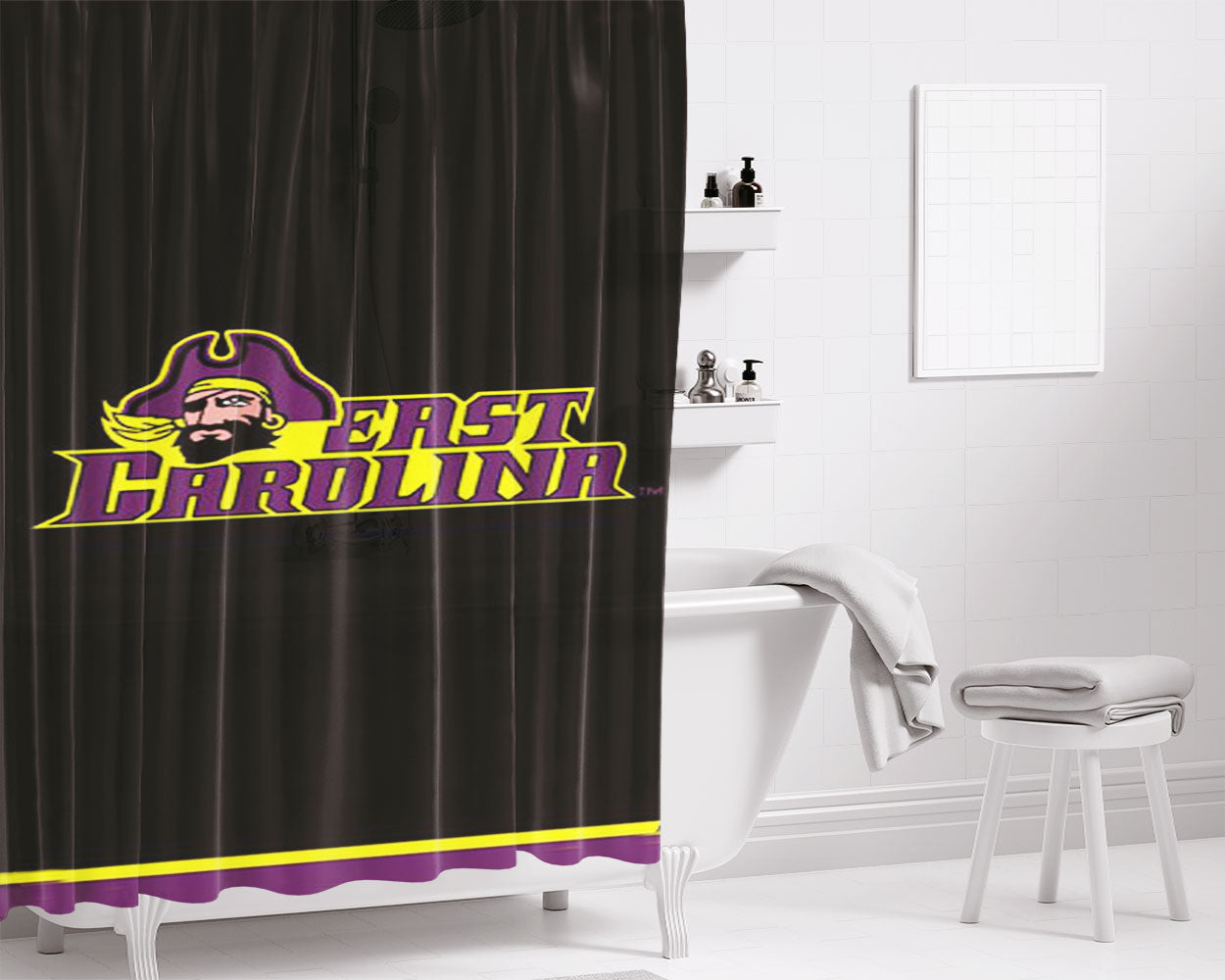 East Carolina University Pirate Logo Dark Wood Wallpaper Bathroom Shower Curtain Fabric Waterproof | 66 X 72 Inch