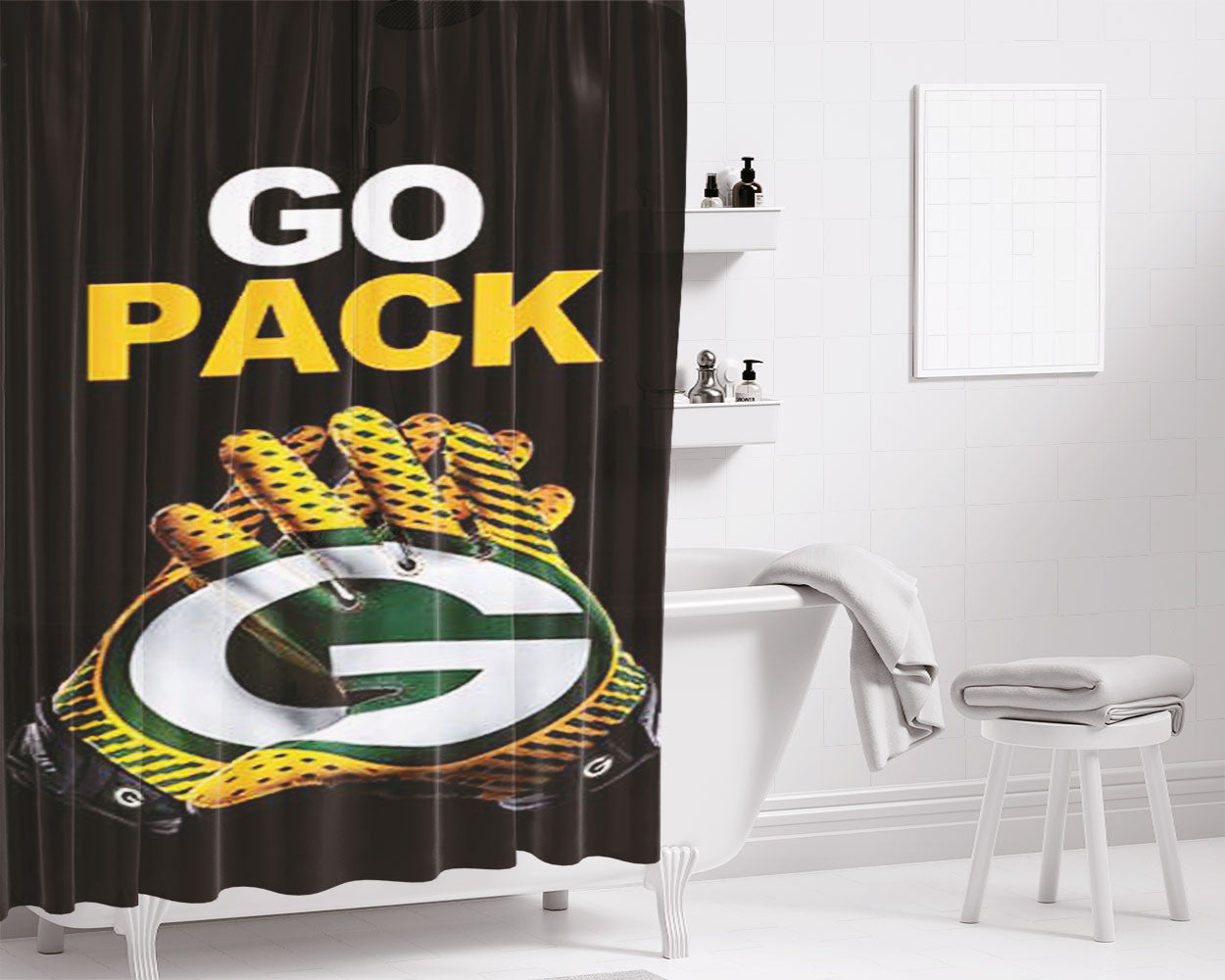 Green Bay Packers Gloves Bathroom Shower Curtain Fabric Waterproof | 66 X 72 Inch