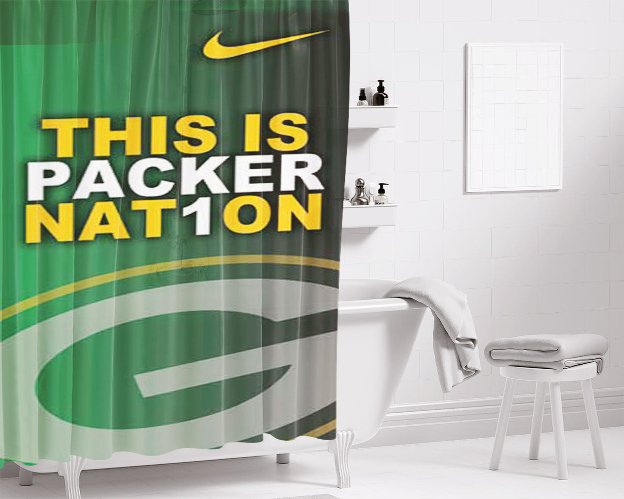 Green Bay Packers Middle Stripe Bathroom Shower Curtain Fabric Waterproof | 66 X 72 Inch