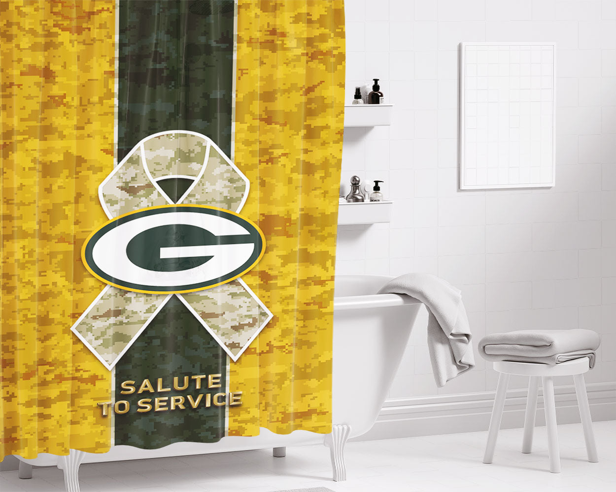 Green Bay Packers Raised Bathroom Shower Curtain Fabric Waterproof | 66 X 72 Inch