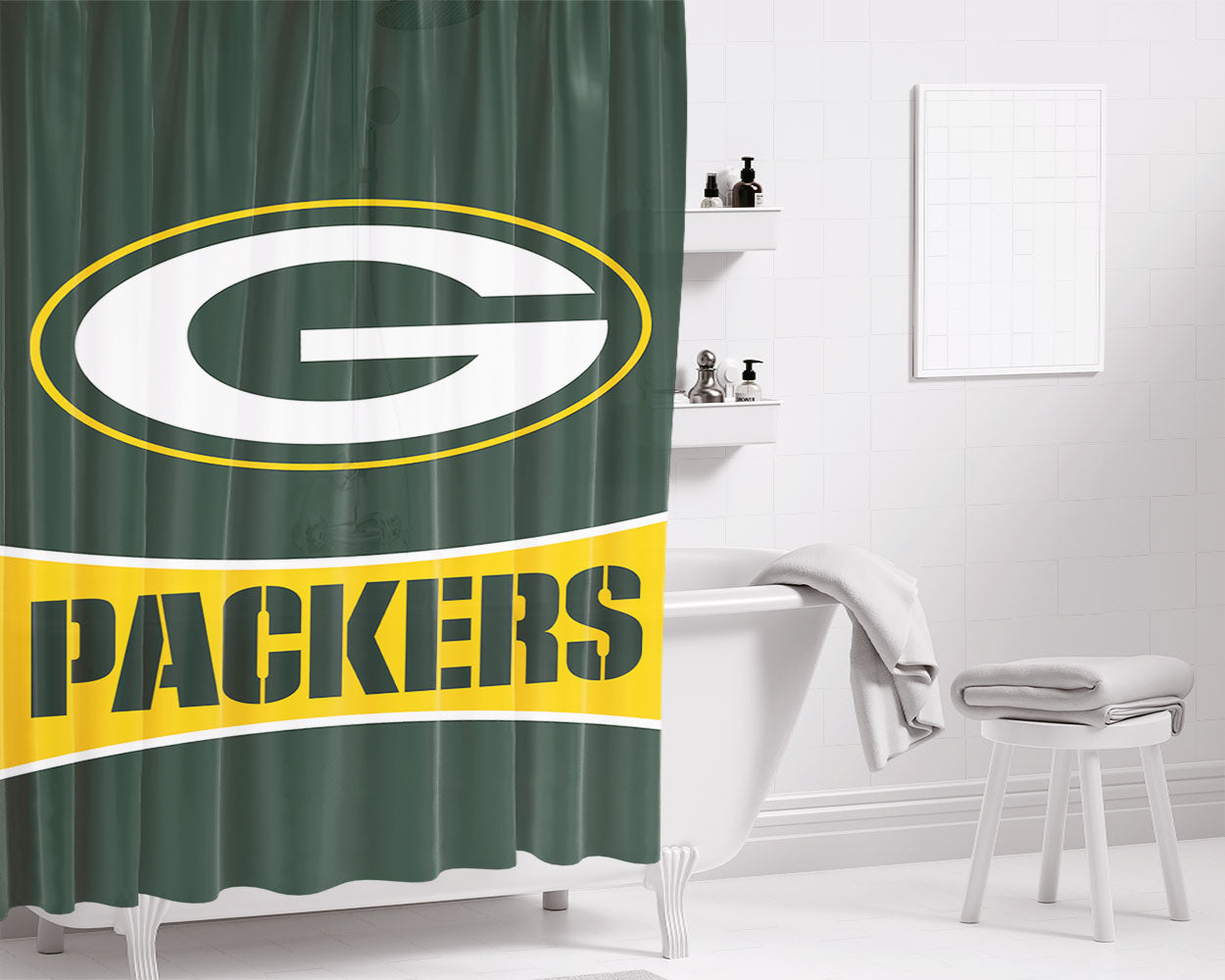 Green Bay Packers Throwback Logo Pin Bathroom Shower Curtain Fabric Waterproof | 66 X 72 Inch