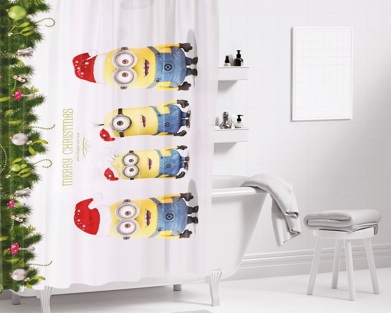 Minion Christmas Bathroom Shower Curtain Fabric Waterproof | 66 X 72 Inch
