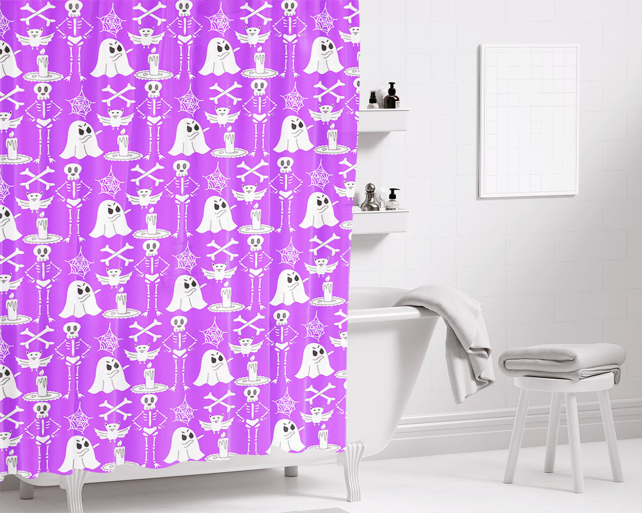 Purple Ghosts Pattern Halloween Bathroom Shower Curtain Fabric Waterproof | 66 X 72 Inch