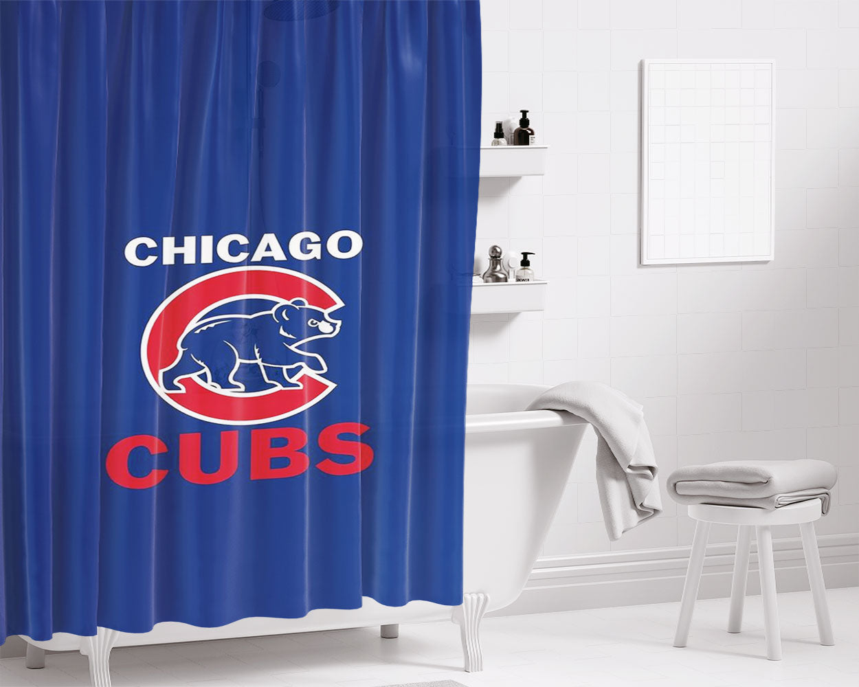 Chicago Cubs Bear Logo Style Bathroom Shower Curtain Fabric Waterproof | 66 X 72 Inch