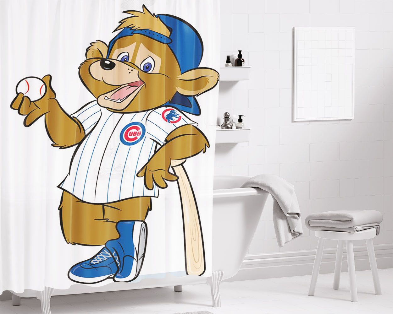 Chicago Cubs Bear Mascot Bathroom Shower Curtain Fabric Waterproof | 66 X 72 Inch