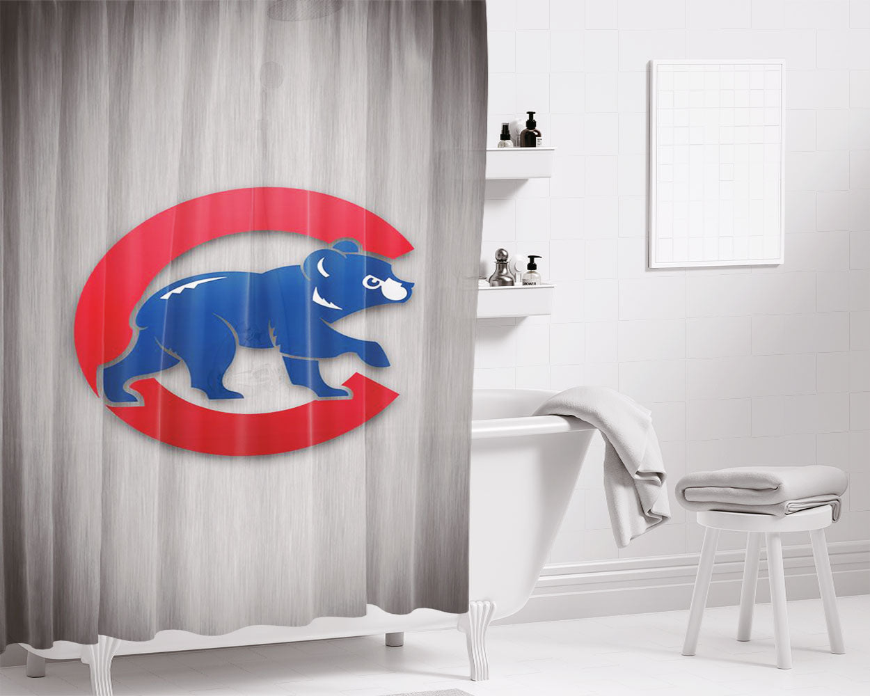Chicago Cubs Bear Metalic Bathroom Shower Curtain Fabric Waterproof | 66 X 72 Inch