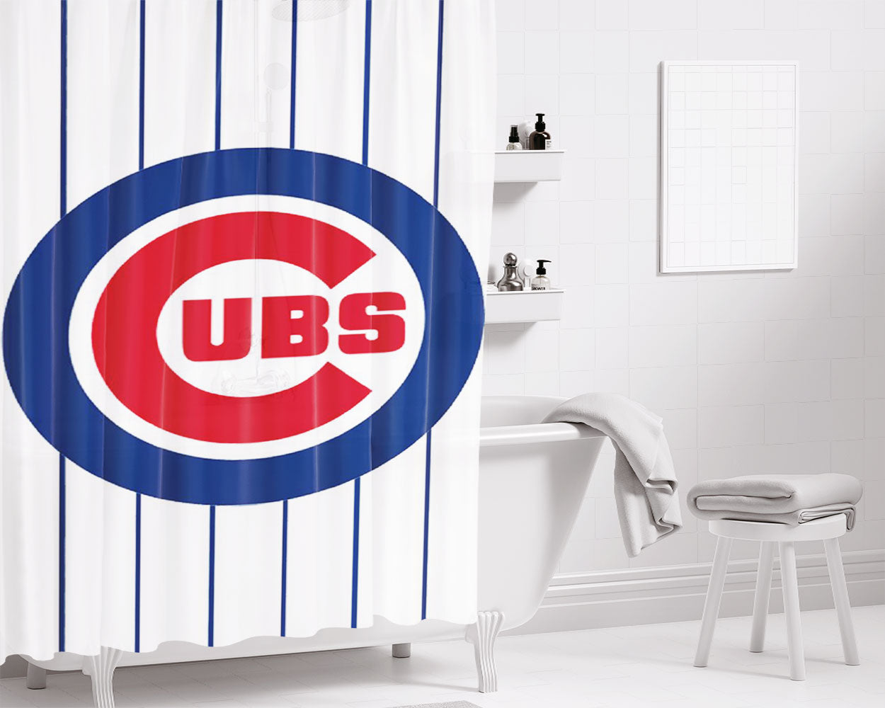 Chicago Cubs Circle Stripe Blues Bathroom Shower Curtain Fabric Waterproof | 66 X 72 Inch