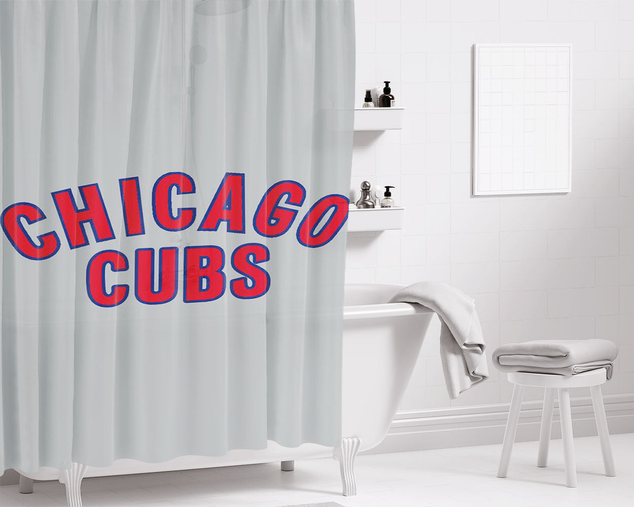 Chicago Cubs In Red Text Bathroom Shower Curtain Fabric Waterproof | 66 X 72 Inch
