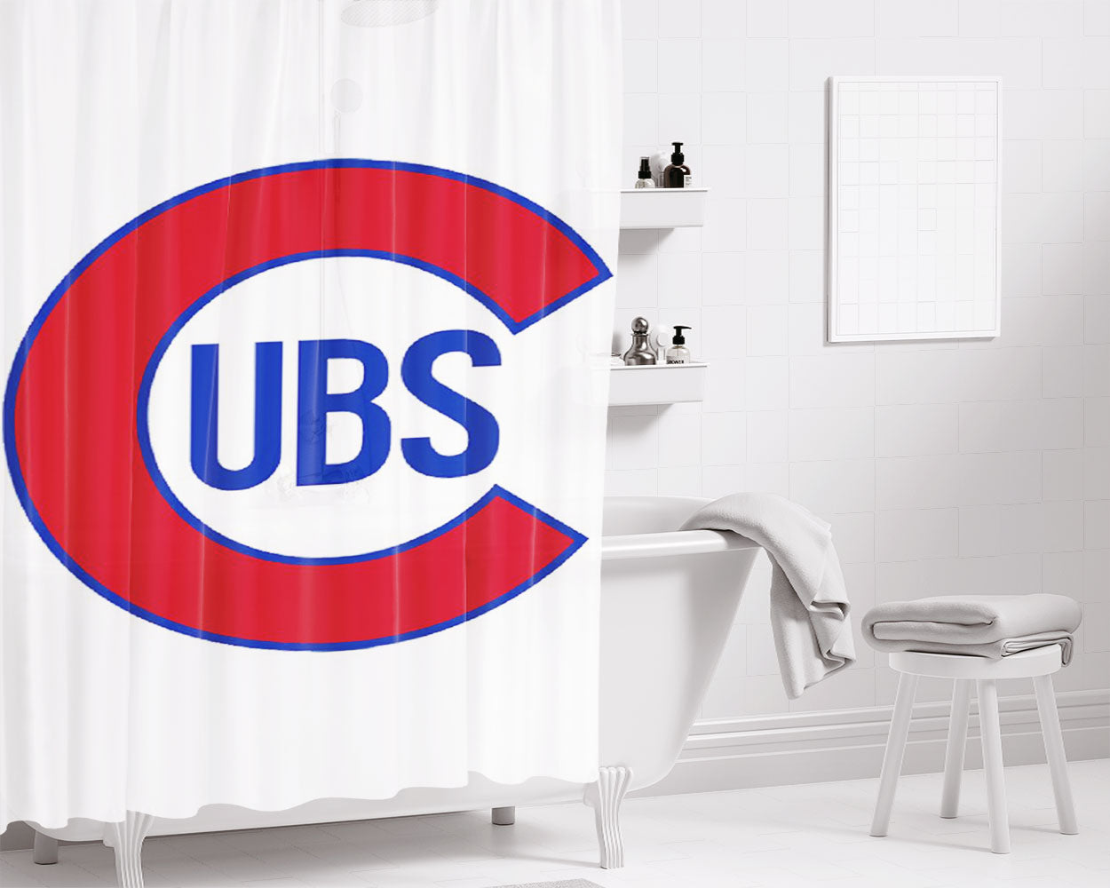 Chicago Cubs On White Bathroom Shower Curtain Fabric Waterproof | 66 X 72 Inch