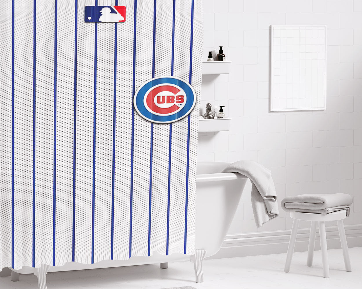 Chicago Cubs Stripe Baseball Bathroom Shower Curtain Fabric Waterproof | 66 X 72 Inch