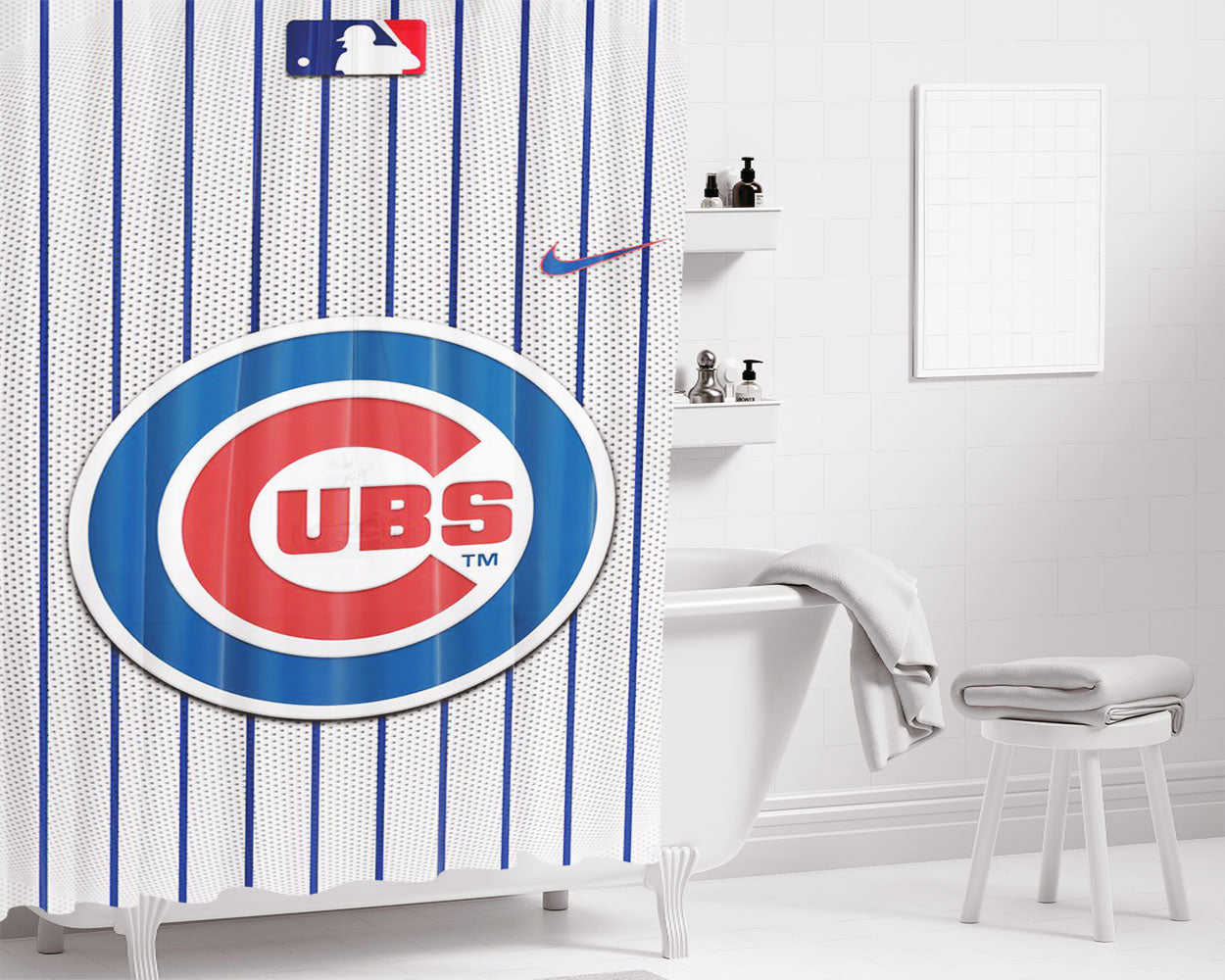 Chicago Cubs Stripe Center Logo Bathroom Shower Curtain Fabric Waterproof | 66 X 72 Inch