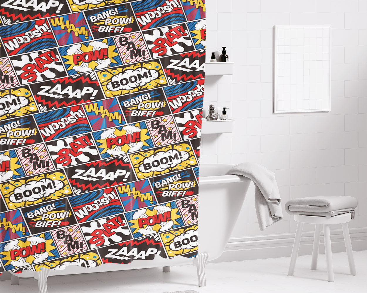 Comic Text Effect Bathroom Shower Curtain Fabric Waterproof | 66 X 72 Inch