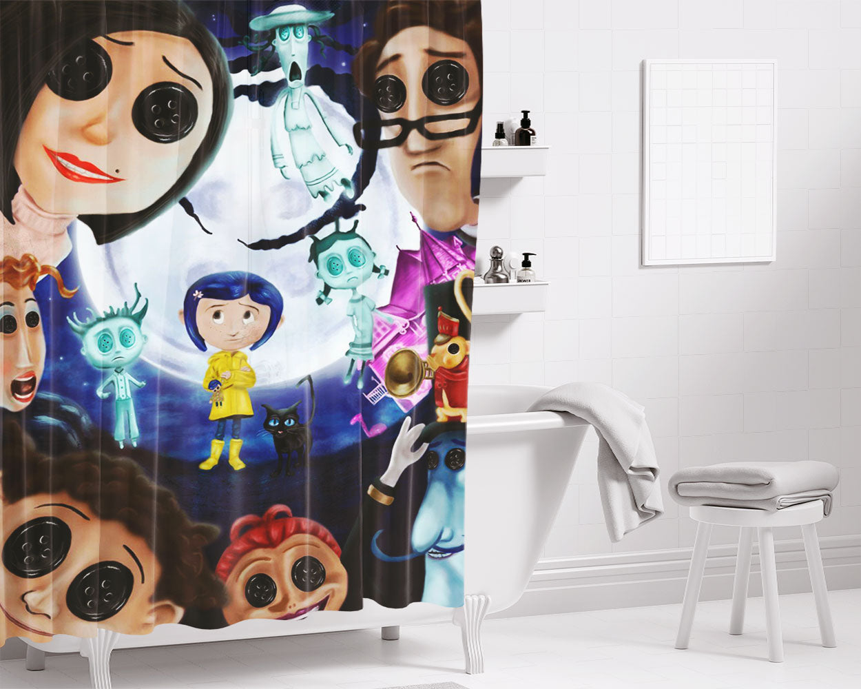 Coraline Button Eyes Characters Bathroom Shower Curtain Fabric Waterproof | 66 X 72 Inch