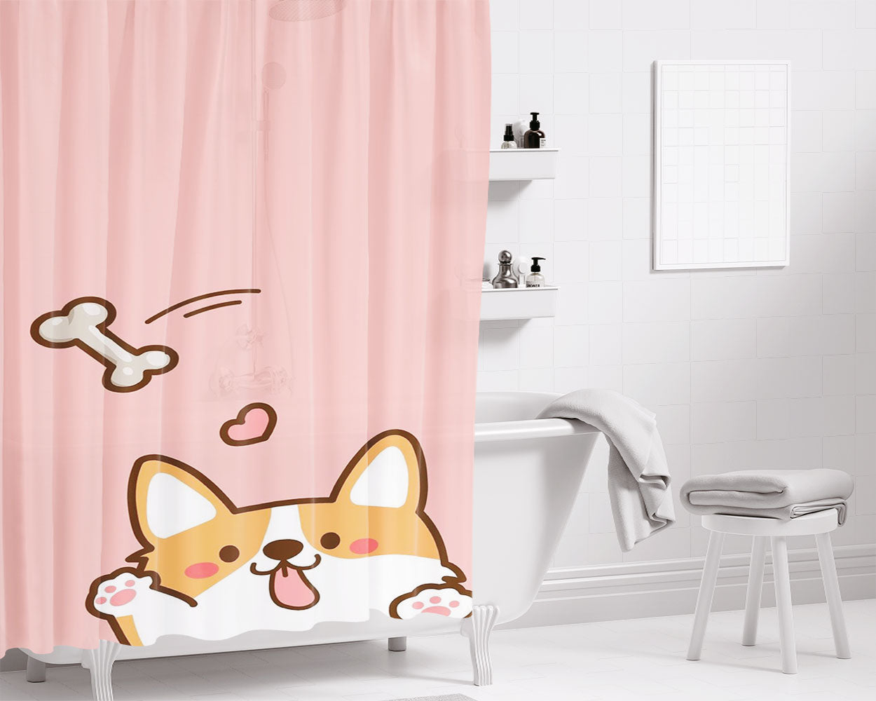 Corgi Butt Playing Bathroom Shower Curtain Fabric Waterproof | 66 X 72 Inch