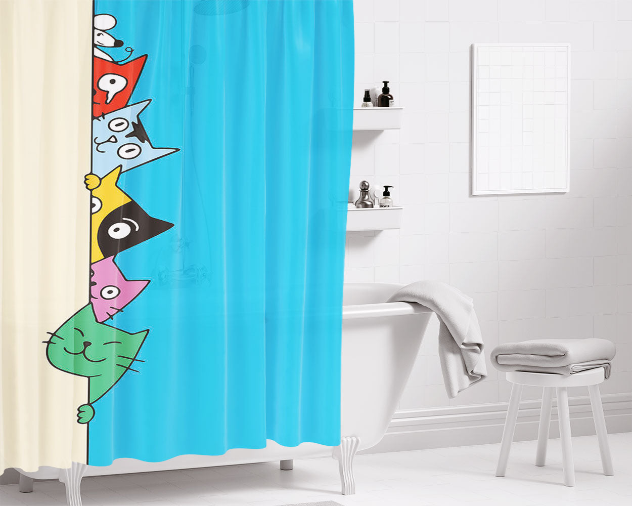 Cute Doodle Cats Hides Behind The Wall Bathroom Shower Curtain Fabric Waterproof | 66 X 72 Inch