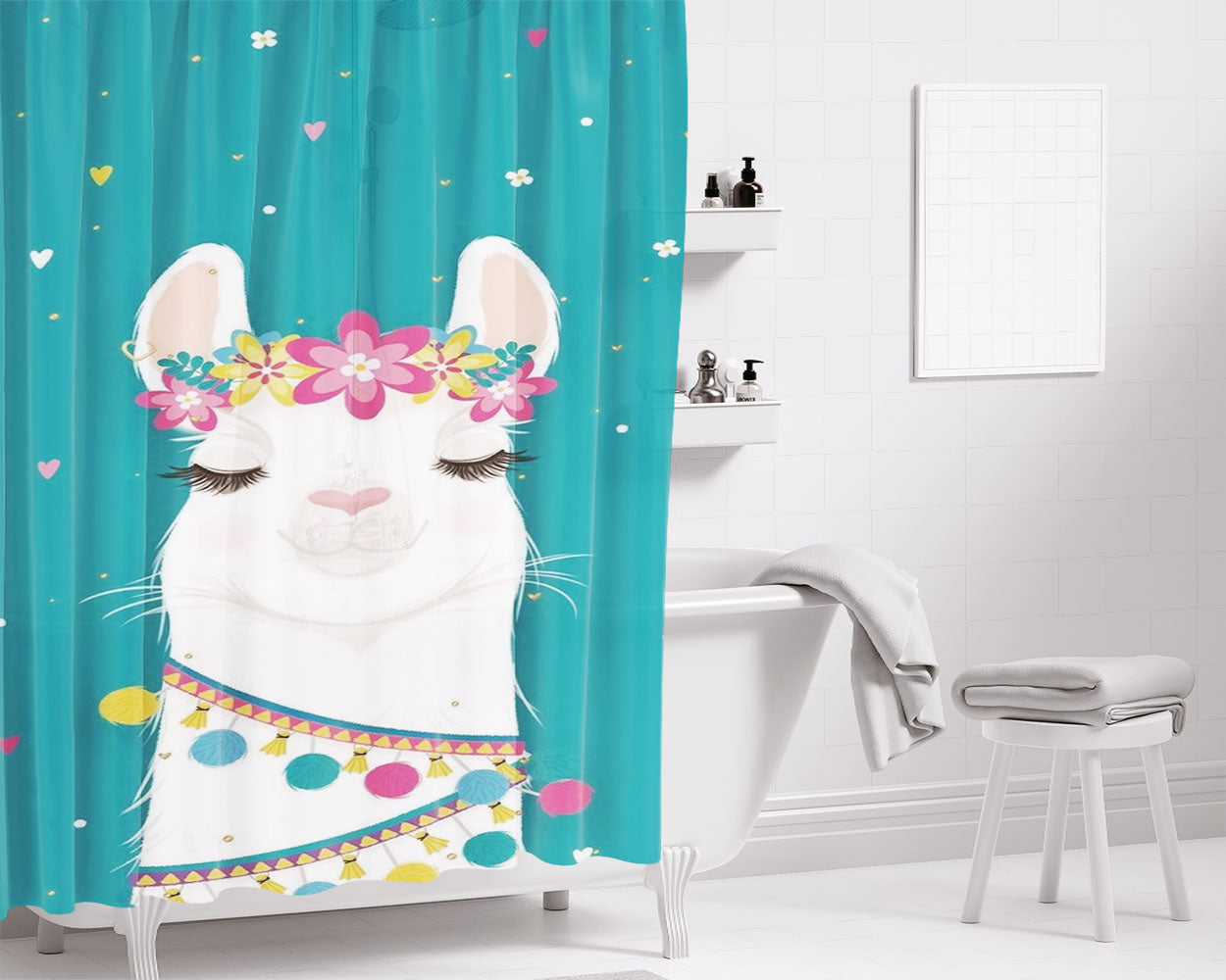 Cute Llama Bathroom Shower Curtain Fabric Waterproof | 66 X 72 Inch