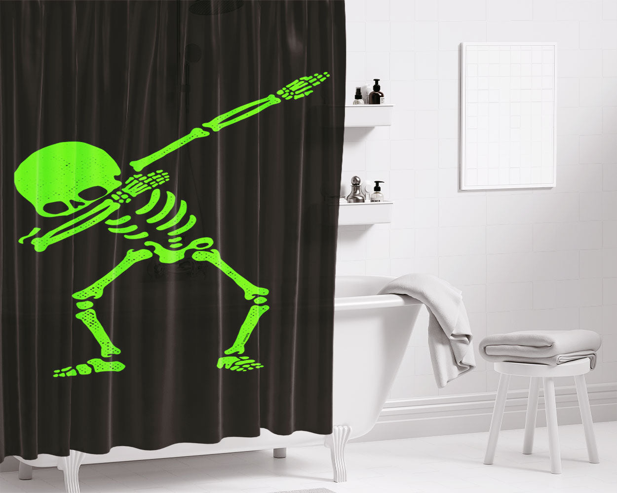 Dabbing Skeleton Green Bathroom Shower Curtain Fabric Waterproof | 66 X 72 Inch