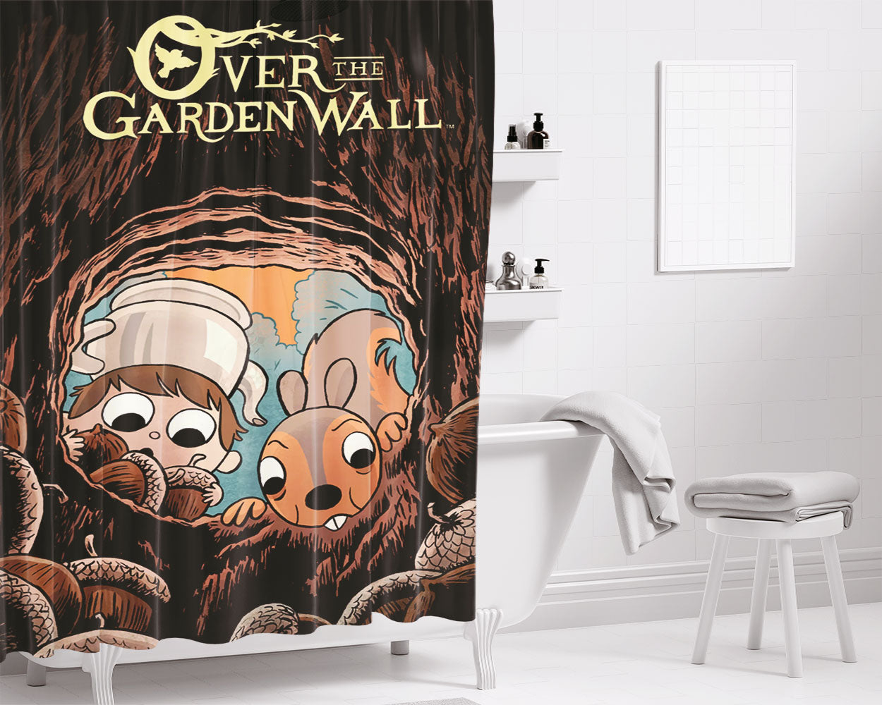 Over The Garden Wall Squirrel And Walnuts Bathroom Shower Curtain Fabric Waterproof | 66 X 72 Inch