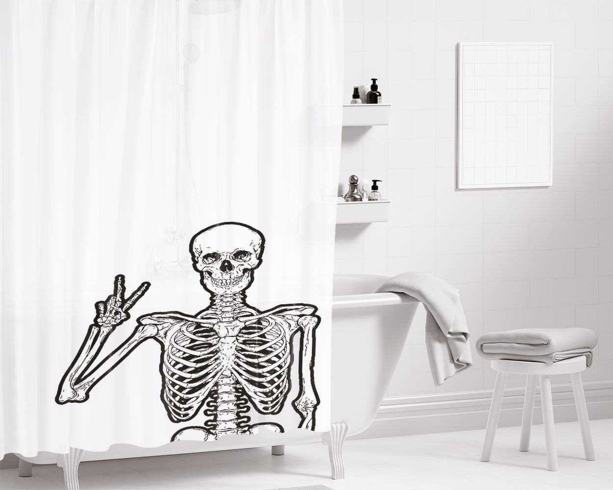 Peace Hand Sign Skeleton Bathroom Shower Curtain Fabric Waterproof | 66 X 72 Inch